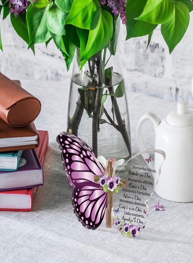 JAPBOR Acrylic Christian Religious Gifts - Spanish Bible Verses God Faith Inspirational Scripture Present for Women, Serenity Butterfly Cross Prayer Keepsake Desk Decor for Home Birthday (Violets) - Image 5